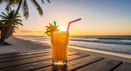 Refreshing orange cocktail with ice and garnish sits on a wooden table at a tropical beach during a vibrant sunset with palm trees and ocean waves