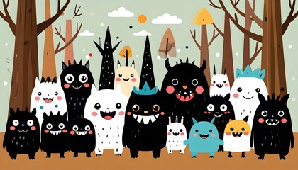 Enchanting gathering of whimsical monsters amid stylized forest scenery