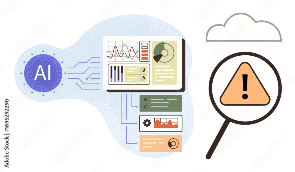 Poster ai processing data, charts, and analytics connected to warning alert sign under magnifying glass. id