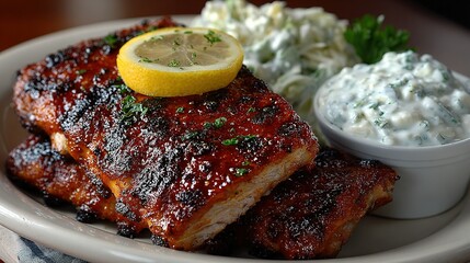Grilled fish with lemon coleslaw and sauce served on a plate.
