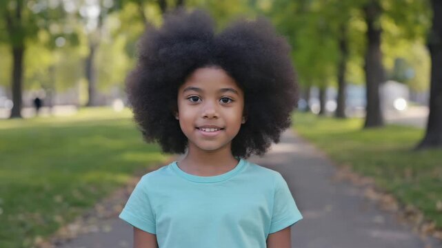 A charming young girl with a big afro smiling with confidence. Captured against a background of a beautiful park