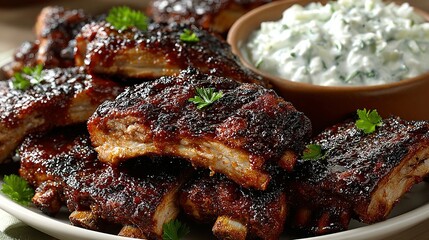 Glazed ribs with parsley garnish served with a bowl of white sauce.