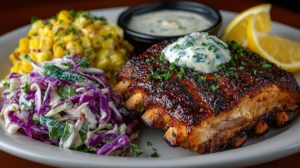 Ribs with sides of corn salad coleslaw lemon and sauce on plate.