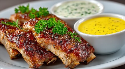 Ribs with sauce and parsley garnish on a plate with dipping sauces.