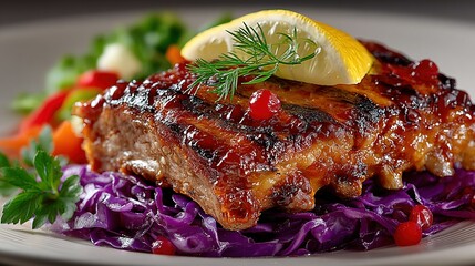 Glazed ribs with lemon garnish and red cabbage on a white plate.