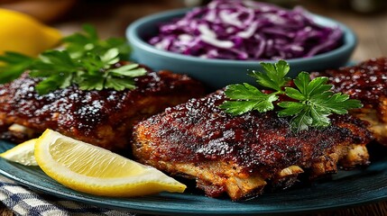 Ribs with parsley and lemon slice on a plate with purple coleslaw.