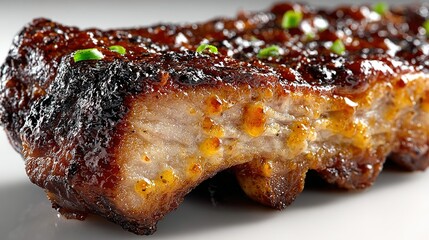 Close-up of cooked ribs with sauce and green onions on a white surface.