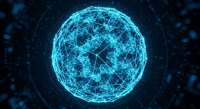 A glowing blue abstract digital sphere with interconnected lines and nodes representing a network or data structure against a dark speckled background