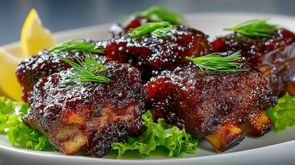 Glazed ribs with garnish and lemon wedges on a white plate.