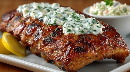 Grilled ribs topped with sauce served with coleslaw and lemon wedges.
