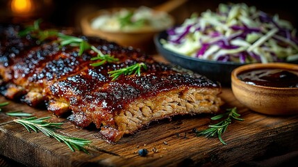 Barbecue ribs on wood board with sides and sauce food photography.