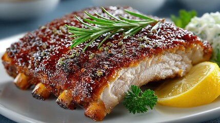 Grilled ribs with sauce and garnish on a white plate food photography.
