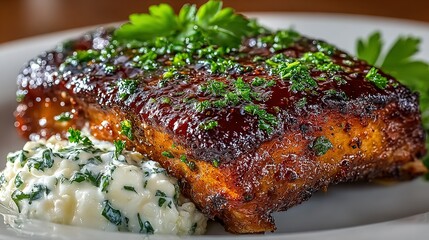 Grilled fish with sauce and herbs served on a white plate.