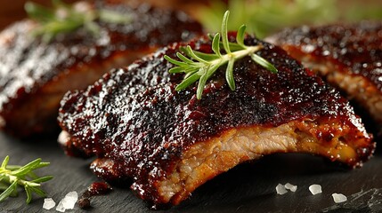 Glazed ribs with rosemary garnish on a dark surface close up.