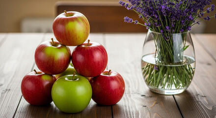 A pyramid of fresh red and green apples is artfully arranged on a rustic wooden table next to a clear glass vase filled with a bouquet of vibrant purple lavender flowers