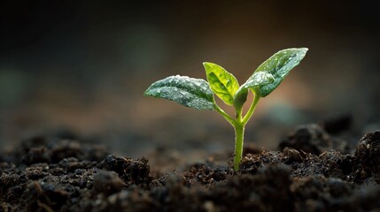 A vibrant green seedling with water droplets on its leaves sprouts from rich dark soil, symbolizing new life and growth in nature.
