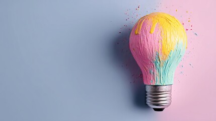 Vibrant lightbulb concept dripping with colorful paint symbolizing creative ideas and innovation in a modern, playful setting