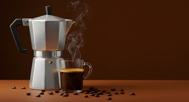 A white coffee maker with steaming coffee and scattered coffee beans, solid brown background