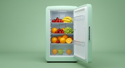 A retro-style refrigerator door open with colorful fruits inside, solid light green background