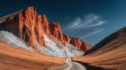 Mountain range with orange and white peaks under a blue sky with clouds.