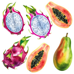 Watercolor illustration of dragon fruit and papaya halves and a whole pear-shaped fruit on black background