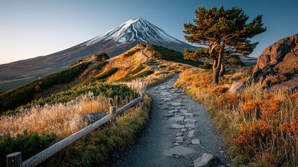 Mountain path leads to snow-capped peak with tree and blue sky.