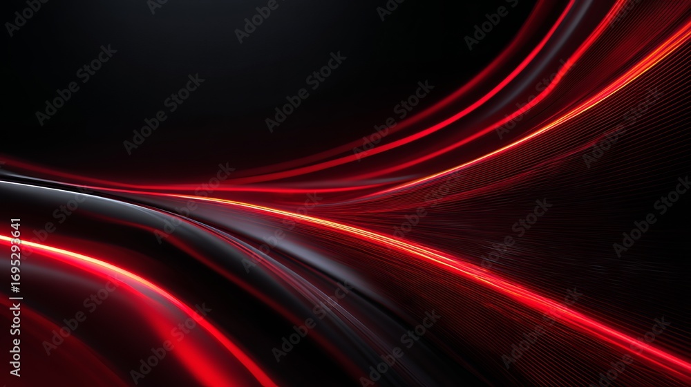 Poster dynamic abstract red light trails flow through sleek dark metallic curves, creating a sense of speed