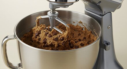 A stand mixer with cookie dough and chocolate chips, solid cream background