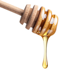 Wooden honey dipper with dripping golden honey against a black background close up shot