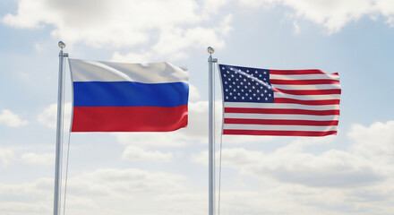 Fototapeta premium Flags of russia and the united states waving against a cloudy sky depicting international relations