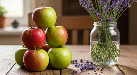 A rustic still life featuring a pyramid of fresh colorful apples stacked on a wooden table next to a clear glass jar filled with blooming lavender flowers and scattered petals