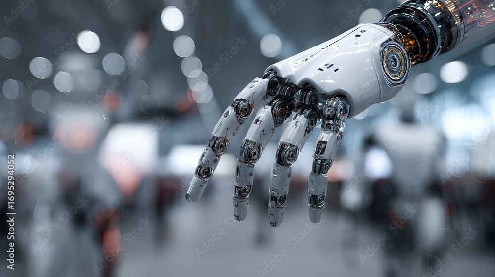 Poster advanced robotic hand with intricate articulation and glowing internal circuitry, symbolizing future