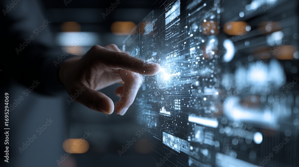 Poster professional touching futuristic holographic display screen with glowing data and charts for innovat