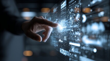 Professional touching futuristic holographic display screen with glowing data and charts for innovative technology and digital transformation concepts