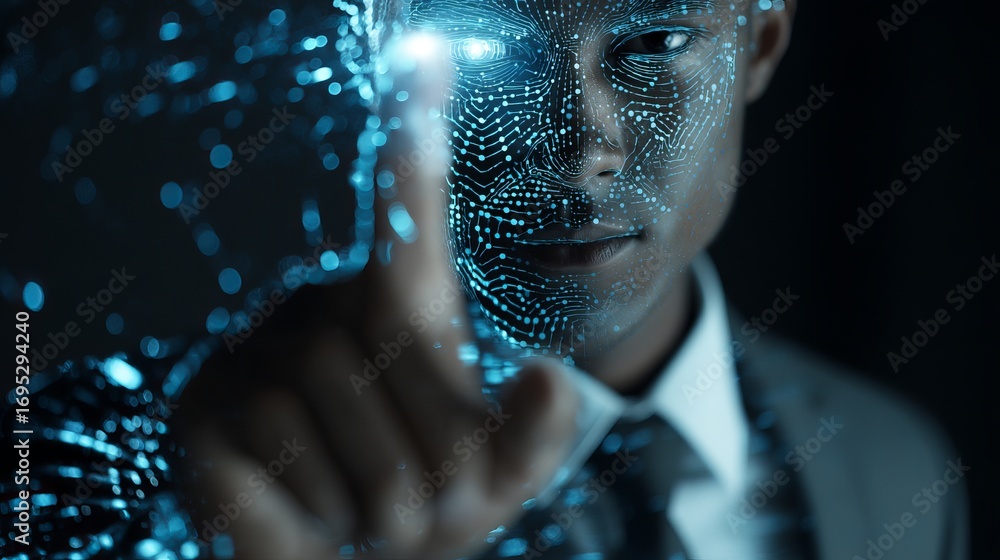 Poster futuristic ai concept showcases a man's face digitally enhanced with glowing blue circuit patterns, 