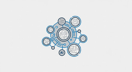 Abstract digital network diagram with interconnected nodes and symbols representing data flow and artificial intelligence concepts on a light gray background