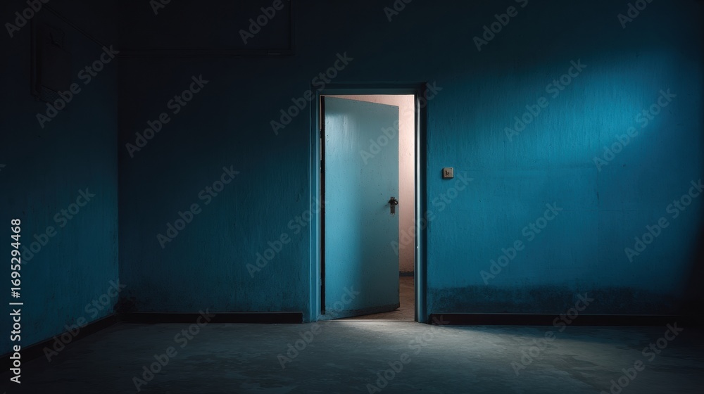 Poster light spills into a dark room through an open door highlighting the contrast of colors and shadows i