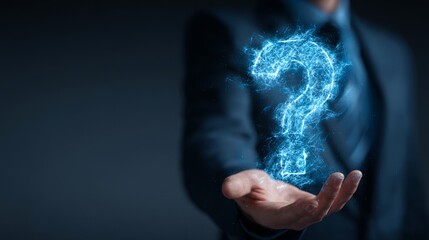 Professional businessman holding a glowing digital question mark, symbolizing inquiry and innovation in modern business solutions