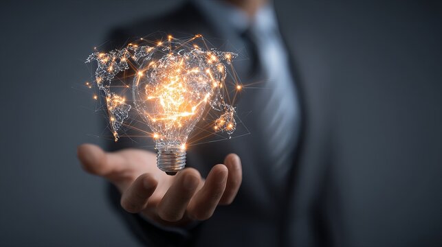 Glowing lightbulb with digital world map overlay held in hand symbolizes global innovation and bright ideas for a connected future