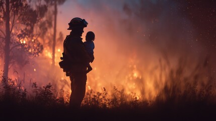Obraz premium Firefighter Rescues Child During a Wildland Fire at Sunset, Showcasing Heroism and Urgency in a Critical Moment