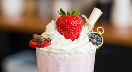 A delicious strawberry milkshake topped with whipped cream a fresh strawberry a tiny ship and a compass charm perfect for a themed dessert or treat