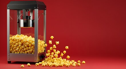 A popcorn machine with fluffy popcorn overflowing, solid red background