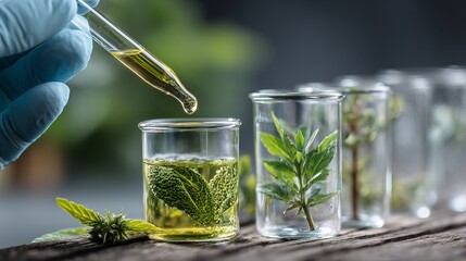 Scientist carefully extracts natural essence from vibrant green herbs in laboratory beakers for organic product development