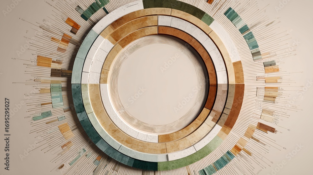 Poster intricate circular data visualization with radial lines and segmented color blocks, symbolizing comp