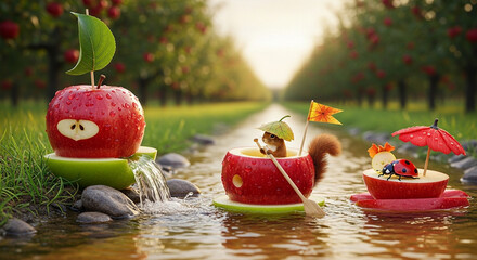 Whimsical autumn scene with anthropomorphic apple and squirrel enjoying a miniature apple boat ride in a gentle stream surrounded by orchard trees and golden sunlight