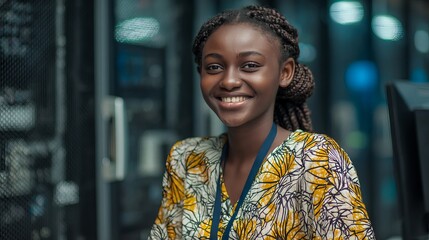 Confident young Black woman smiling brightly in a modern data center, representing tech innovation and diverse professionals in IT