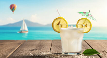 Refreshing tropical cocktail with lemon slices and a green leaf on a wooden table with a blurred background of the ocean a sailboat and a hot air balloon