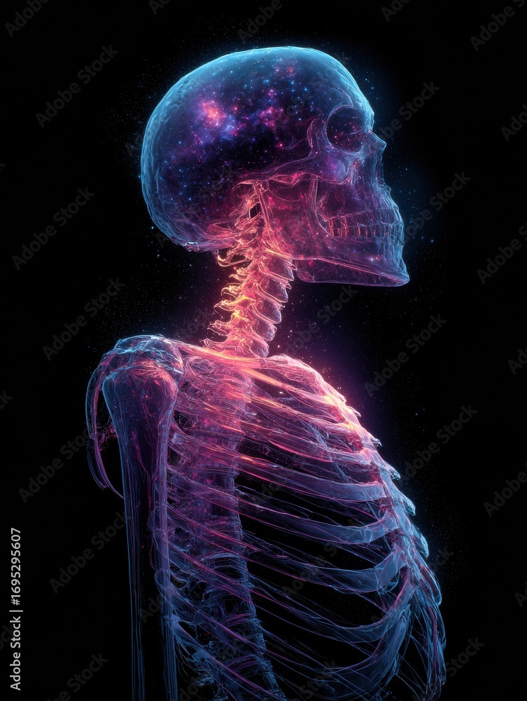 Poster skeleton illuminated by colorful cosmic lights against a dark backdrop showcasing a blend of science