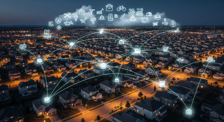 Fototapeta premium Smart City Network: Connected Homes and Cloud Computing Technology at Dusk