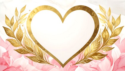 Elegant heart frame with golden leaves and pink watercolor textures backdrop